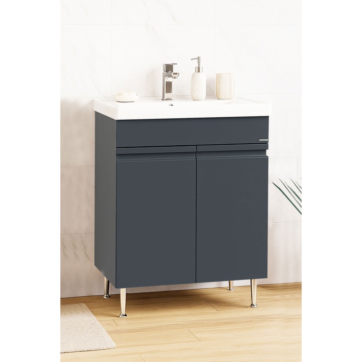 Mobilier de baie Baza MDF si lavoar ceramica, cu soft-close, Badenmob, seria 786, 60x83x46cm, Antracit