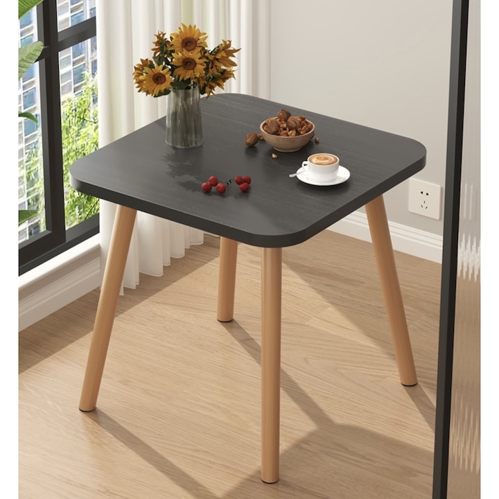Masa compacta living/bucatarie, stil nordic, minimalist, cu picioare din lemn si diametru generos (60x60x70 cm)