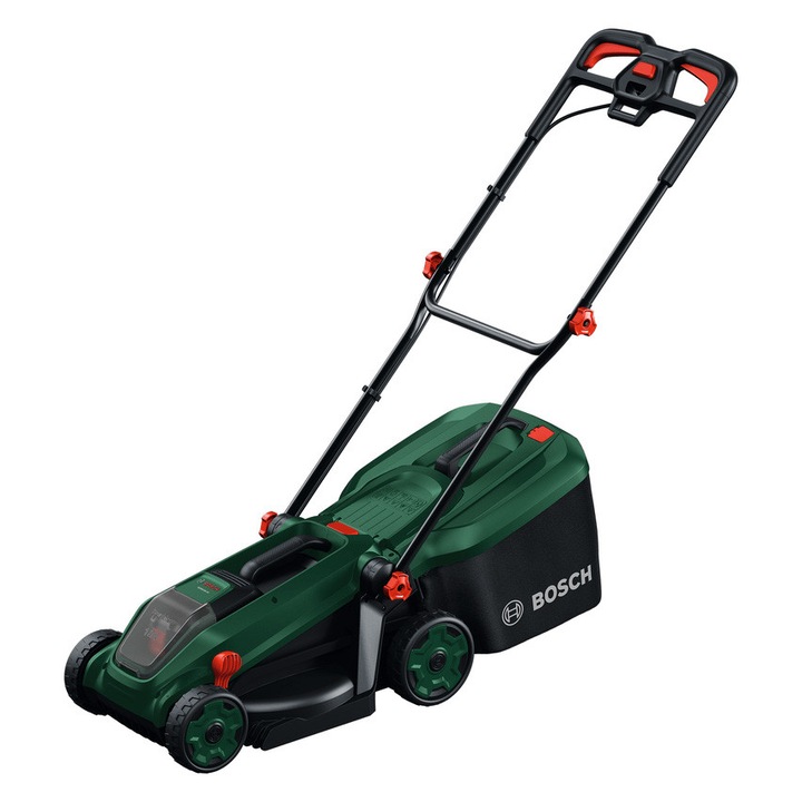 Masina de tuns gazon/iarba pe acumulator Bosch ROTAK18V-32, 18 V, latime taiere 32 cm, inaltime taiere 25-65 mm, 5 trepte de taiere, motor brushless, sac colector 35 l, include: acumulator 18V 4.0 Ah + incarcator