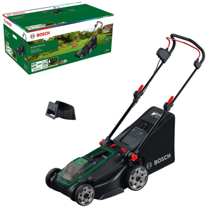 Bosch ROTAK18V2-43 akkus fűnyíró, 2 x 18 V, vágási szélesség 43 cm, vágási magasság 30-75 mm, 6 vágási sebesség, szénkefe nélküli motor, 50 l gyűjtőzsák, tartalom: 2 db PBA 18V 4.0Ah akkumulátor + töltő