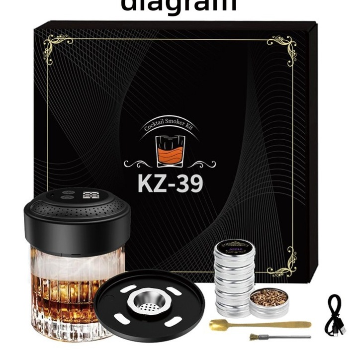Kit electric de fum pentru whiskey, 6 arome de chipsuri de lemn natural, reincarcabil