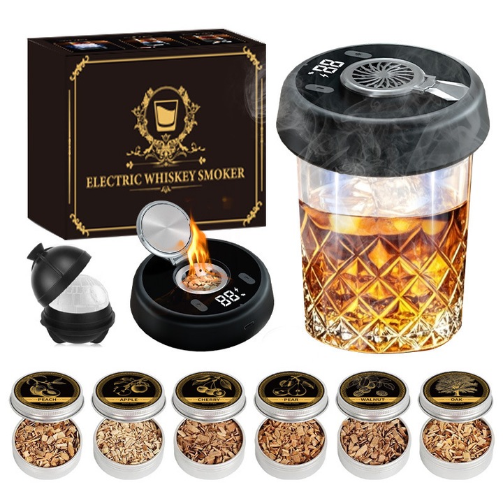 Kit electric de fum pentru whiskey, 6 arome de chipsuri de lemn natural, reincarcabil