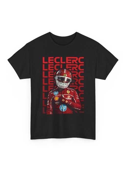 Tricou negru printat Direct To Garment (DTG) pe fata, Charles Leclerc Formula 1 Ferrari, model Stanley Stella, regular fit, 100% bumbac