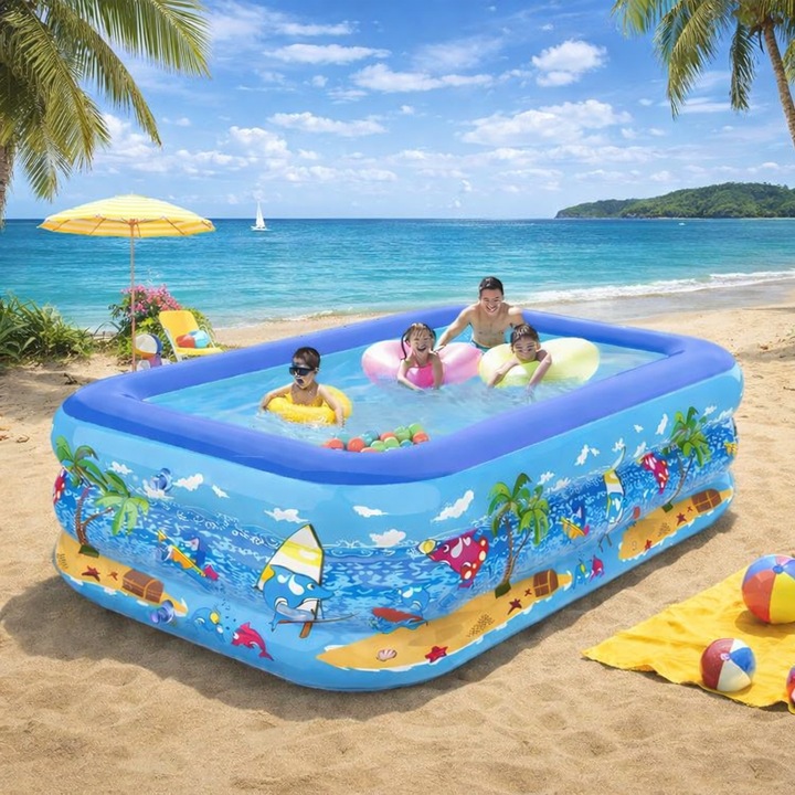 Piscina Gonflabila pentru aduti sau copii, NEVERMORE, Baza plata ingrosata, Dimensiuni 260 x 160 x 53 cm, 3 Inele Gonflabile, Dreptunghiulara, Multicolor