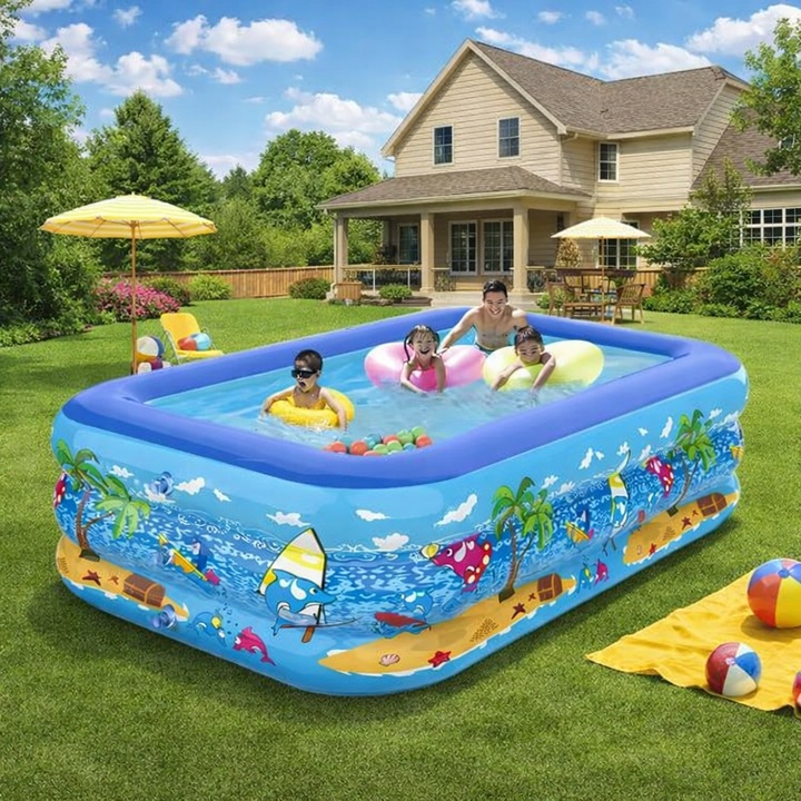 Piscina Gonflabila pentru aduti sau copii, NEVERMORE, Baza plata ingrosata, Dimensiuni 300 x 173 x 56 cm, 3 Inele Gonflabile, Dreptunghiulara, Multicolor