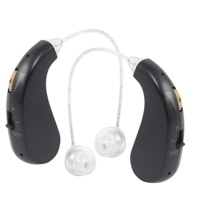 Set 2 Aparate auditive cu acumulator, Retroauricular BTE, Reincarcabil, Amplificator de sunet in ear, Hipoacuzie Medie-Severa, 130 dB, Reducere zgomot, Negru - alb