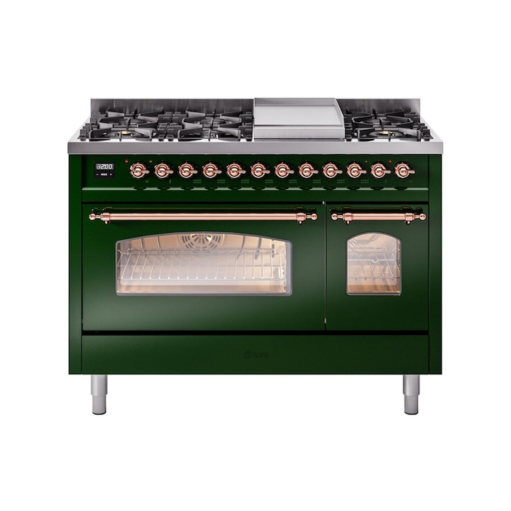 Aragaz pe gaz premium ILVE, Nostalgie, 120 cm, clasa A+, 6 arzatoare, plita Fry Top, 2 cuptoare electrice 140 litri, design vintage, timer, usa cuptor cu 3 straturi de sticla, gatire ECO, dezghetare, 15 functii de gatire multiple, verde/cupru