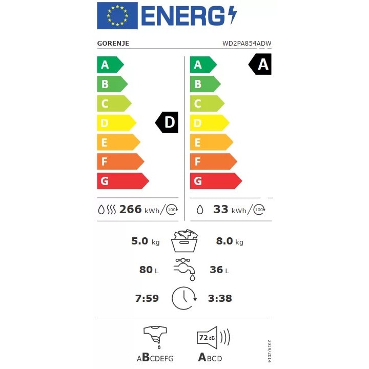 Mașină de spălat cu uscător Gorenje WD2PA854ADW, Capacitate spălare: 8 kg, Capacitate uscare: 5 kg, Display LED, Alb