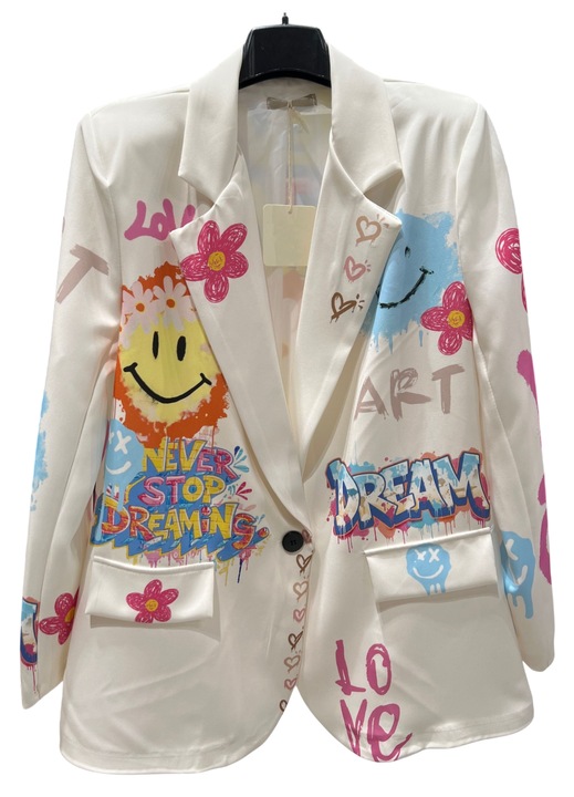 Sacou oversize dama alb imprimeu Smiley, M-L