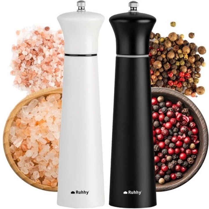 Mlin de condimente manual, set, ISO TRADE, negru si alb, mecanism ceramic, reglare grosime maruntire
