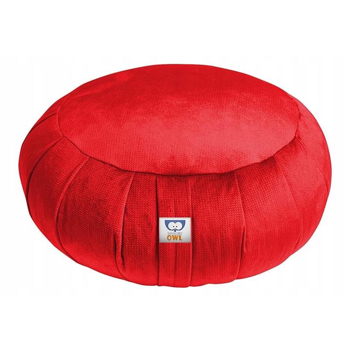 Perna Meditatie Zafu, Sensory Owl, Catifea Oeko-Tex, Umplutura Hrisca, Yoga si Relaxare, 35x18 cm, 2.3 kg, Rosu
