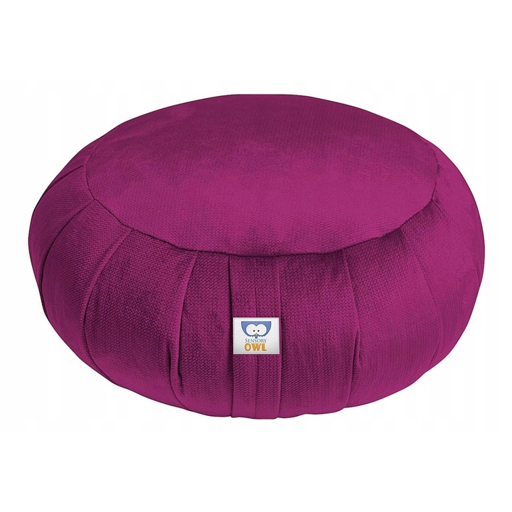 Perna Meditatie Zafu, Sensory Owl, Catifea Oeko-Tex, Umplutura Hrisca, Yoga si Relaxare, 35x18 cm, 2.3 kg, Carmin