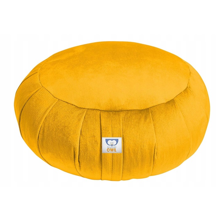 Perna Meditatie Zafu, Sensory Owl, Catifea Oeko-Tex, Umplutura Hrisca, Yoga si Relaxare, 35x18 cm, 2.3 kg, Galben mustar
