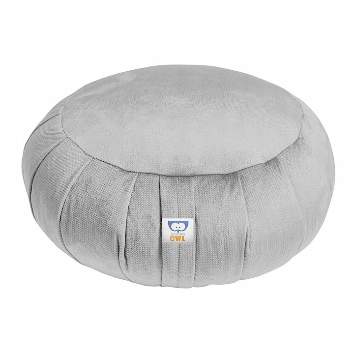 Perna Meditatie Zafu, Sensory Owl, Catifea Oeko-Tex, Umplutura Hrisca, Yoga si Relaxare, 35x18 cm, 2.3 kg, Argintiu