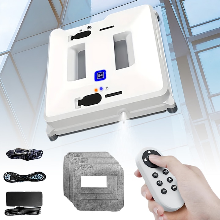 Robot de curatare geamuri, Bedee, 300Pa, Spray cu ultrasunete dublu, 3 moduri, Sistem de detectare a marginilor, curatare de 2 ori mai profunda, cu 4 lavete de microfibra, o singura umplere poate curata pana la 50 m², 72W, 650mAh, Alb