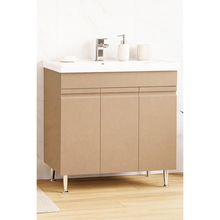 Mobilier de baie Baza MDF si lavoar ceramica, cu soft-close, Badenmob, seria 786, 80x83x46cm, Cappuccino