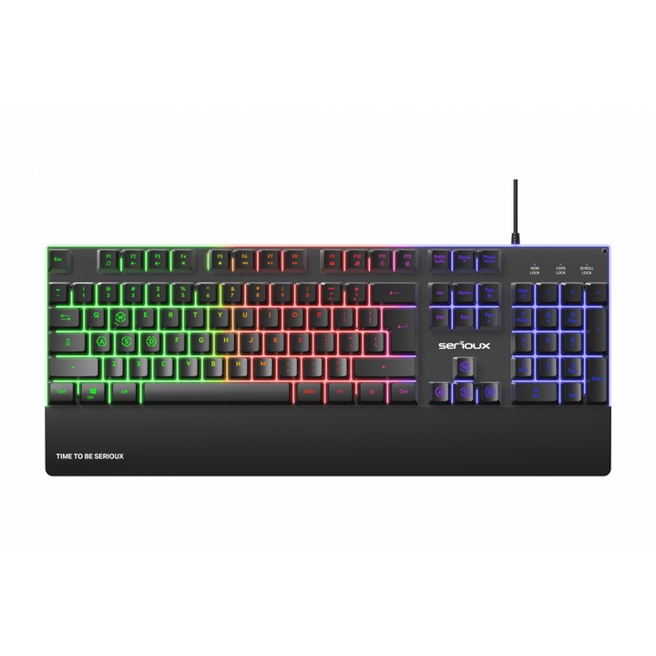 Tastatura gaming cu fir iluminata Serioux Nexor, interfata USB, numar de taste: 104, material ABS, anti-ghosting: 19 taste, lungime cablu 1.5m PVC, dimensiuni (LxAxH): 435.74 × 178.54 × 33.62 mm, negru