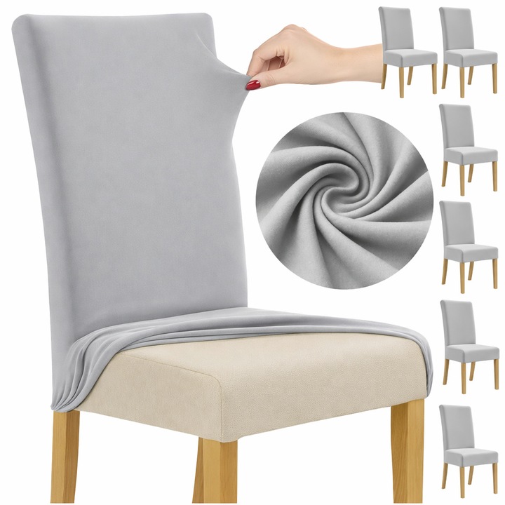 Set 6 huse protectie scaun KESNUP, marime universala, pentru scaune de bucatarie, birou, casa, restaurant, evenimente, material polyester si spandex catifelat, lavabile, banda elastica pentru fixare si antialunecare, 65 x 40 x 35 cm, Gri Deschis