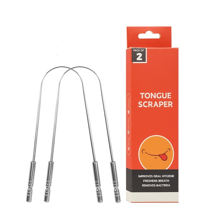 Razuitor de limba (2 bucati), 100% otel inoxidabil, reduce respiratia urat mirositoare, perie de limba, design ergonomic, usor de utilizat, curatator de limba pentru ingrijire si igiena orala