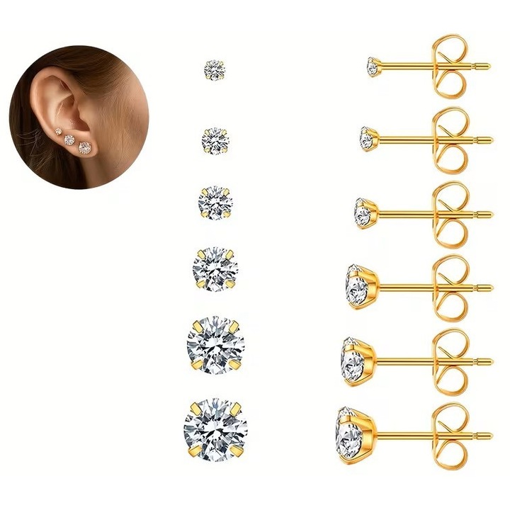 Set 6 cercei cu pietre zirconiu cubic, 3mm-8mm, aurii, inox