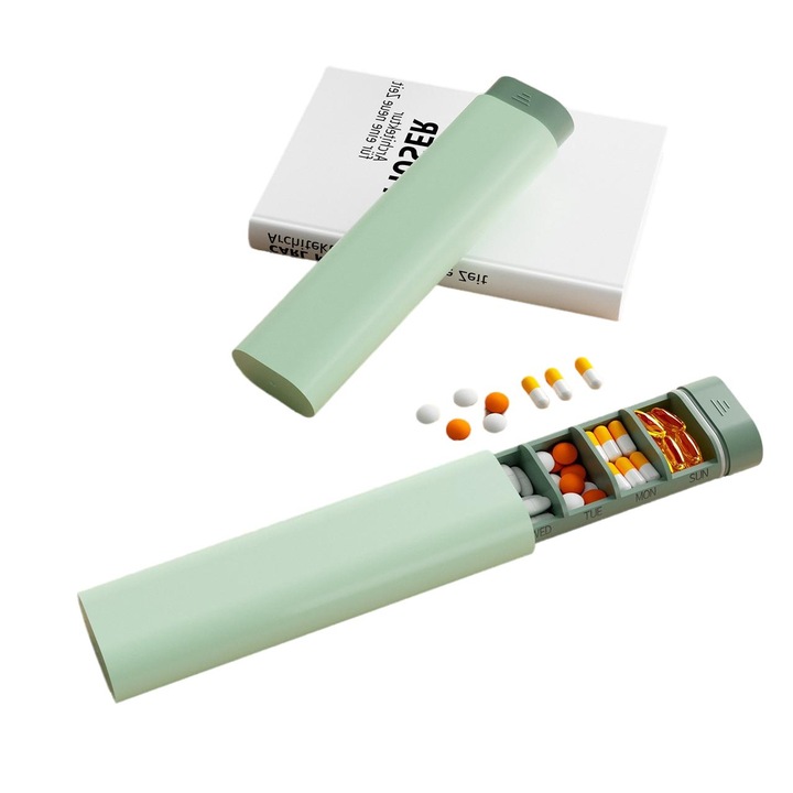 Organizator de pastile de calatorie saptamanal 7 zile, carcasa portabila pentru medicamente, suport dragut pentru pastile pentru vitamine si suplimente,18 cm × 4.7 cm × 2.8 cm, verde