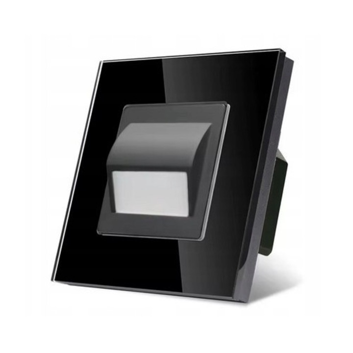 Corp de iluminat pentru scara, fara marca, 1W, culoare lumina calda, sticla, design elegant, economie de energie, instalare usoara, utilizare universala, negru, material: sticla securizata, dimensiuni panou: 86mm x 86mm x 9mm, tensiune de alimentare: