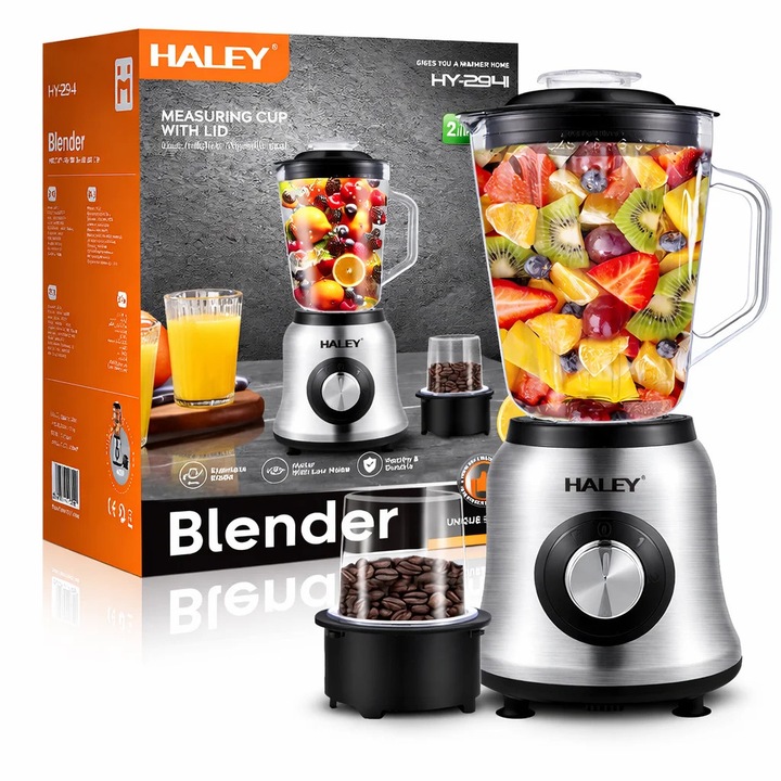 Blender Multifunctional HALEY HY-2941, 1000W, Bol Sticla 1.5L, 2 Viteze + Rasnita
