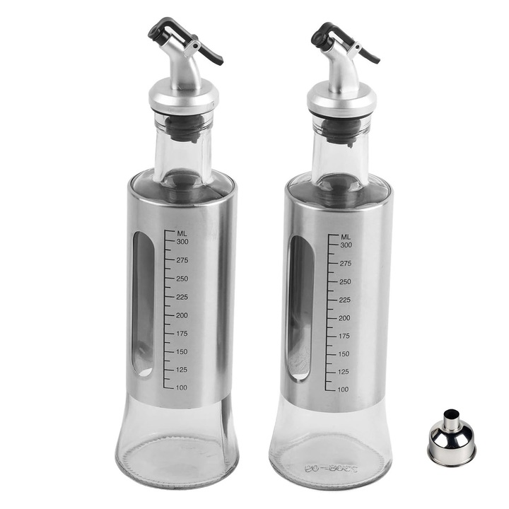 Set de 2 oliviere transparente din otel inoxidabil, AFKSMILE, Cu scara, Capacitatea 300 ml, Cu palnie, Rezistent la scurgeri, Fund antiderapant, Usor de reumplut si curatat, Pentru gatit, control portii, Sticla, 25x6.2cm, Argint