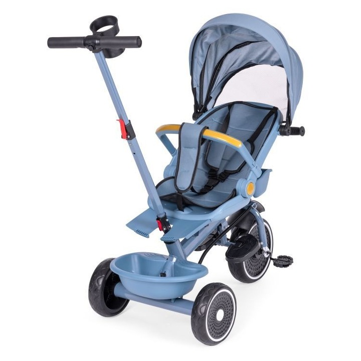 Tricicleta Pentru Copii 2 in 1, Scaun rotativ 360°, Roti EVA, Copertina Rabatabila Pentru Protectie Solara, Culoare Albastru