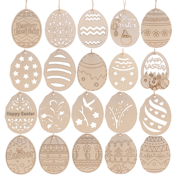 Set de ornamente din lemn pentru Paste, 210 piese, forme de ou, iepuras, flori, cu pix de desen si sfori, artizanat DIY