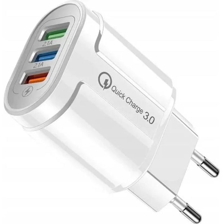 Incarcator rapid cu 3 porturi USB, QC 3.0, 18 W, 2.1A, ABS, universal, protectie supraincalzire, alb, Dactylion®