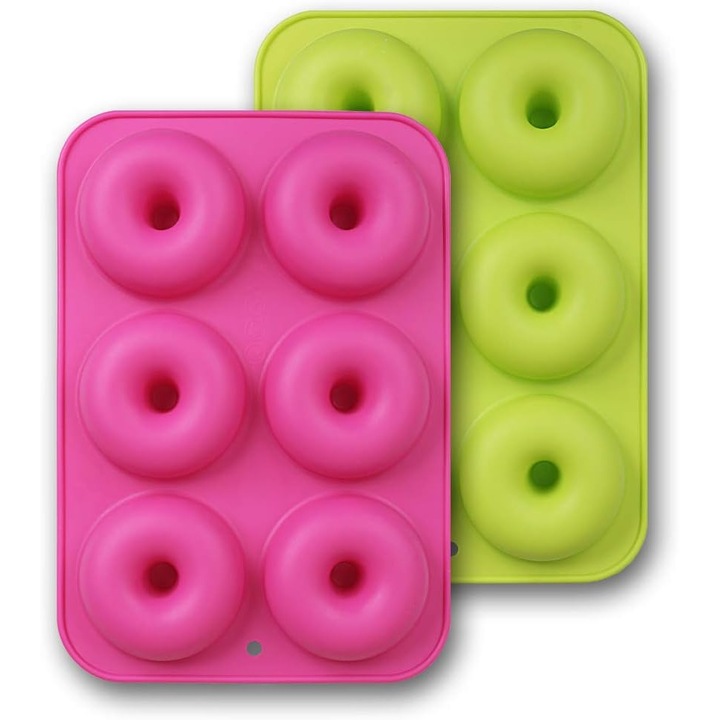 Set de forme de silicon pentru gogosi, forme de copt pentru gogosi din silicon antiaderent, de calitate alimentara, 2 tavi, verde si roz
