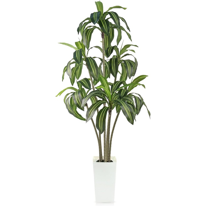 Planta artificiala Dracaena GOVIRAYE, 180 cm, in ghiveci, culoare alb si verde