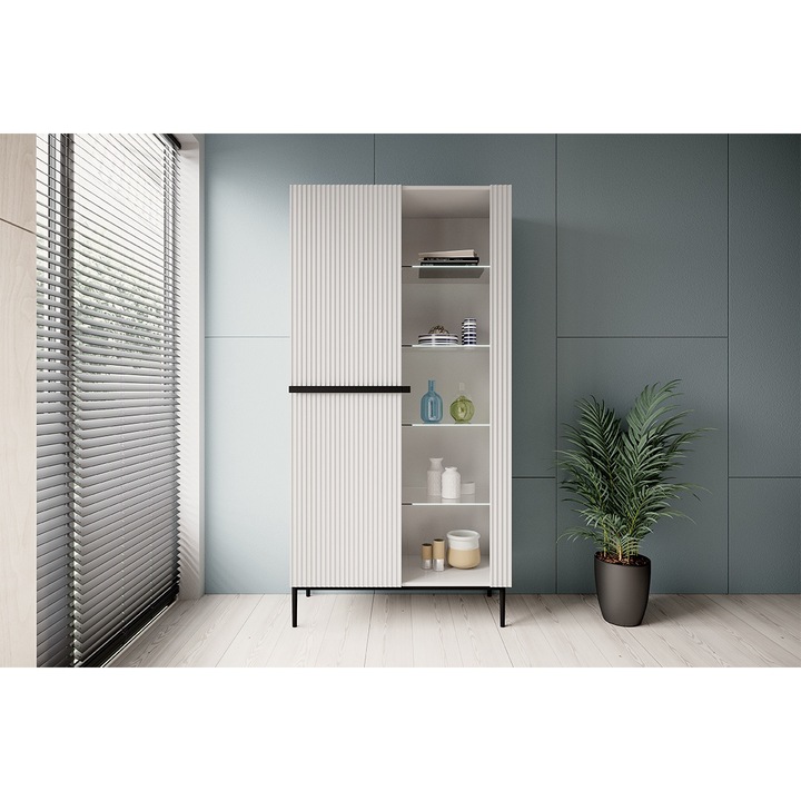 Bogart, Nicole, Vitrin, 200 x 100 x 45 cm, Matt hatás, 8 Polcok, 2 Ajtók, Forgácslap/Üveg, Fehér/Fekete