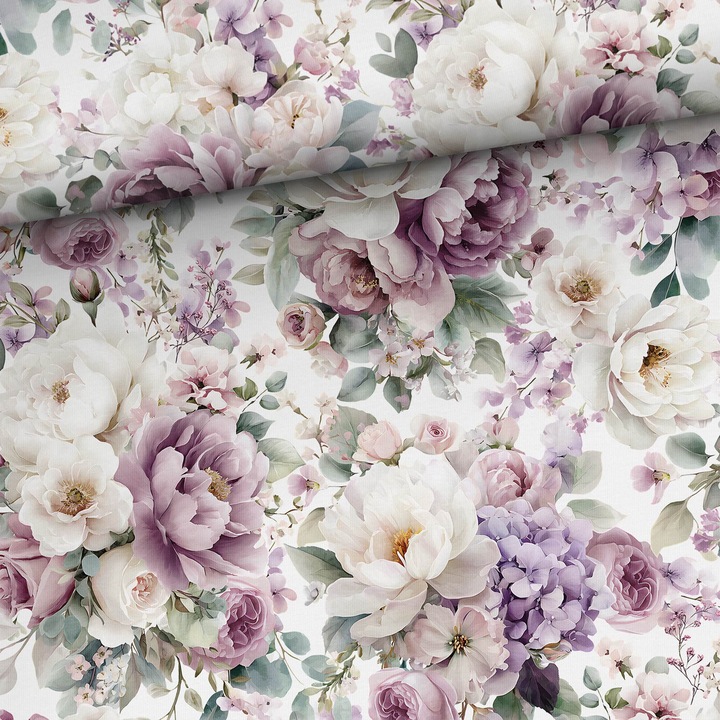 Material textil, Tricot jersey imprimat Mauve peonies, bumbac 92%, elastan 8%