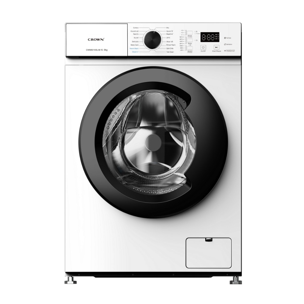 Masina de spalat rufe Slim Crown CWM6010SLIM, Steam, Baby Care, Sterilizare, Tub Clean, Start intarziat, Afisaj LED, Blocare acces copii, 6 kg, 1000 rpm, Clasa, Alba
