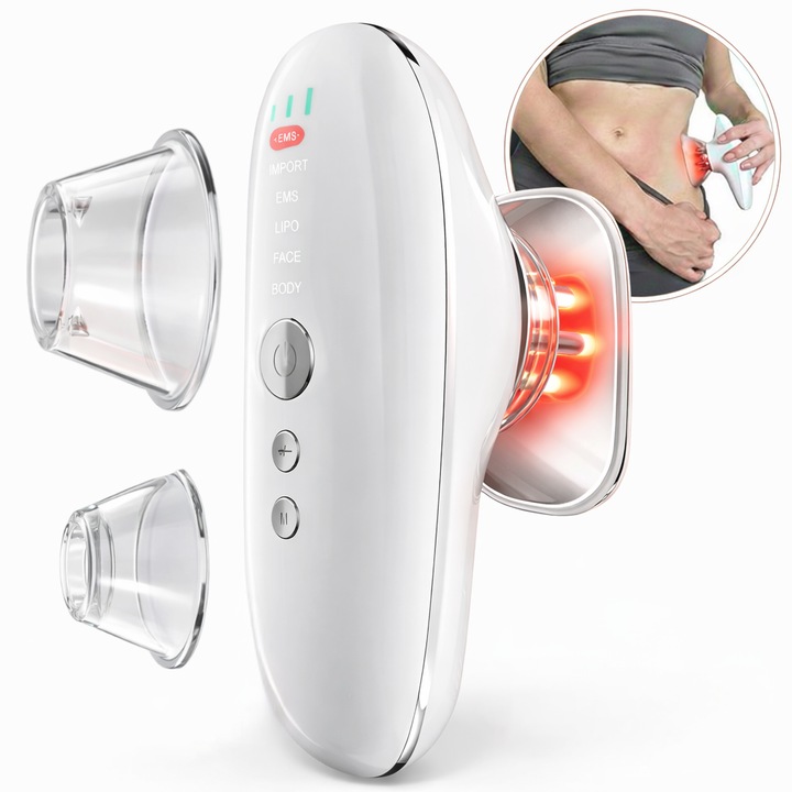 Dispozitiv Multifunctional 4 in 1 Pentru Modelare Corp si Fata AZORA cu EMS si Liposuctie, Reducere Celulita, Lifting Facial, Tonifiere, 2 Capete, Terapie Lumina LED Rosie si Albastra, Baterie 1400mAh, Reincarcabil USB, 4 Programe de Masaj, Alb