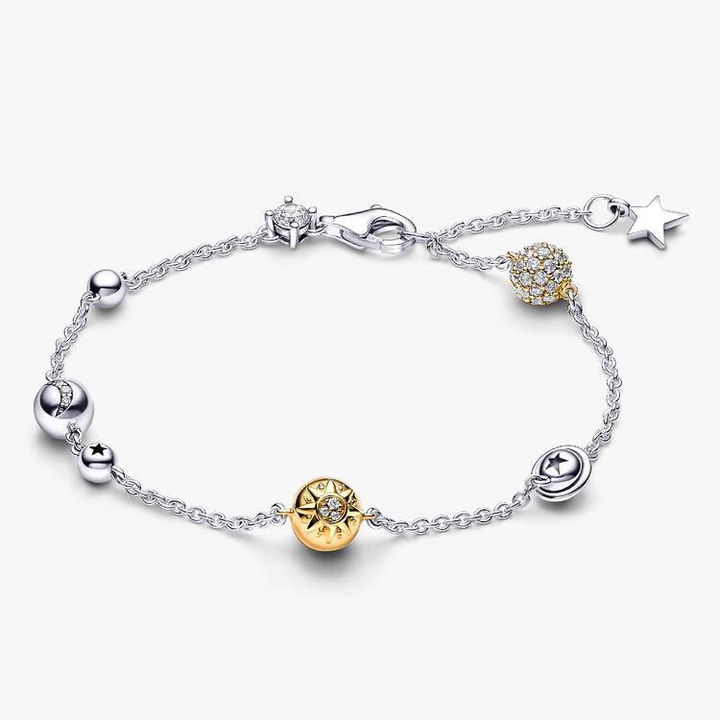 Bratara Pandora tip lant cu sistem solar stralucitor in doua tonuri Zirconiu din Argint 925 - 18cm