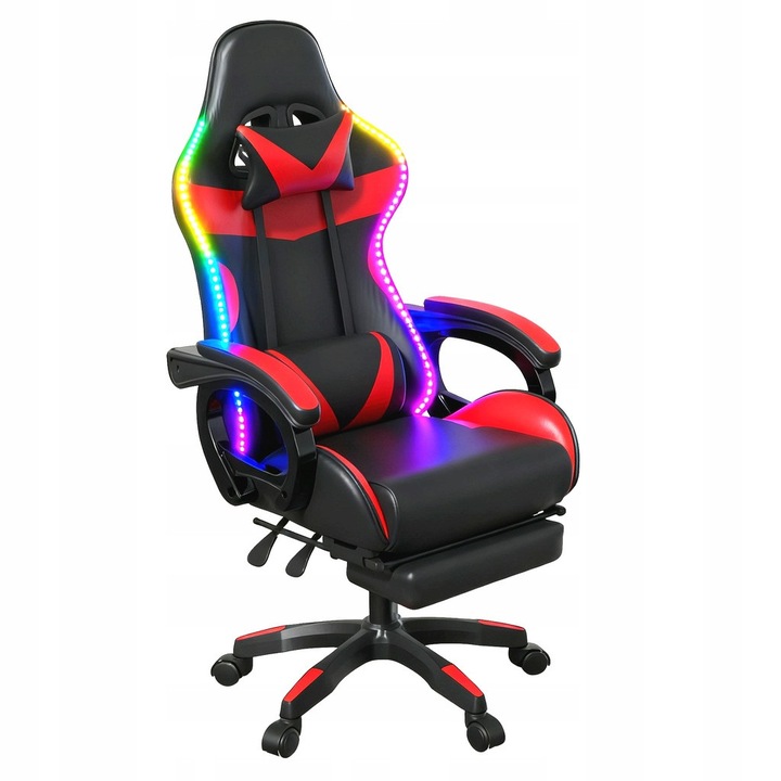 Scaun gaming ergonomic COYOTE LED, negru-rosu, cu iluminare LED, suport pentru picioare retractabil, pernuta de masaj, set