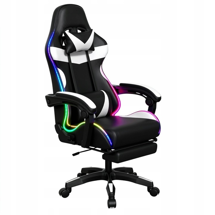 Scaun gaming, Platan, COYOTE LED, ergonomic, negru-alb, cu iluminare LED, functie de masaj