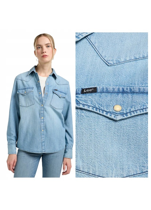 Camasa Dama, Lee, Western Shirt, Regular Fit, Design Clasic, Maneci Lungi, Cu Guler, Cu Nasturi, Bumbac, S INTL, Albastru