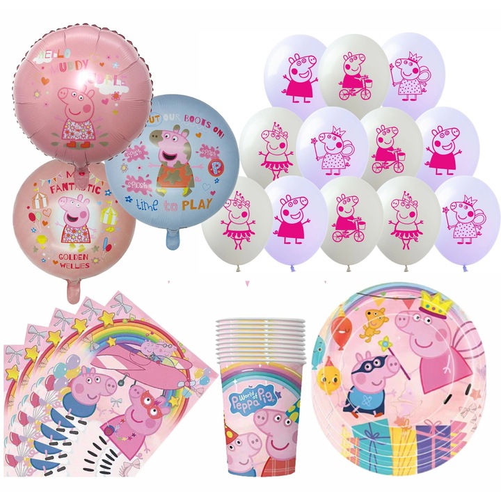 Un set colorat de petrecere Peppa Pig! Setul include baloane, pahare, farfurii, servetele si trei baloane din folie. Perfect pentru o petrecere de ziua de nastere plina de rasete, distractie si culori de poveste