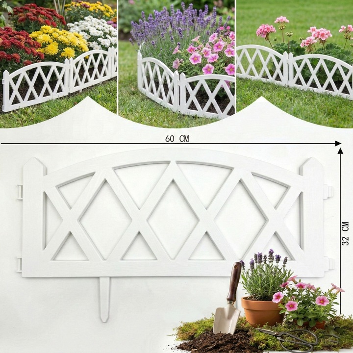 Set 4 bucati Gard Decorativ de Gradina Aurov®, Plastic Rezistent, Prindere prin Imbinare, Fixare in Sol, Lungime 60 cm, Inaltime 32 cm, Alb