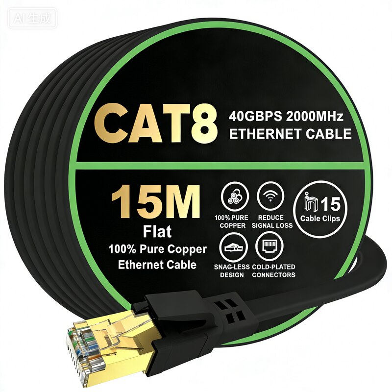 Cablul Ethernet Cat 8, 15 m, 40 Gbps, 2000 MHz, cablu Cat8 plat de mare ...
