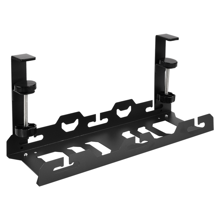 Organizator cabluri sub birou metalic cu clema, 40 cm, 1 nivel/raft, pana la 15 kg, Montaj cu clema fara gaurire – Negru (Cable Management Tray)