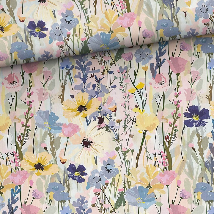 Material textil, Tricot jersey imprimat Flori insorite, bumbac 92%, elastan 8%