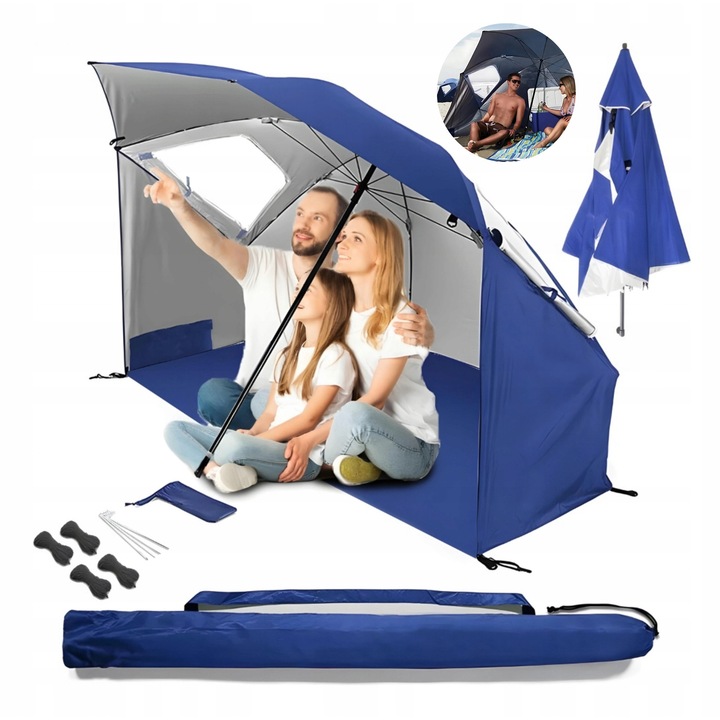 Umbrela de plajă 2 în 1 Evena XXL, albastru, dimensiune 230x200cm, pliabilă, cu protecție laterală