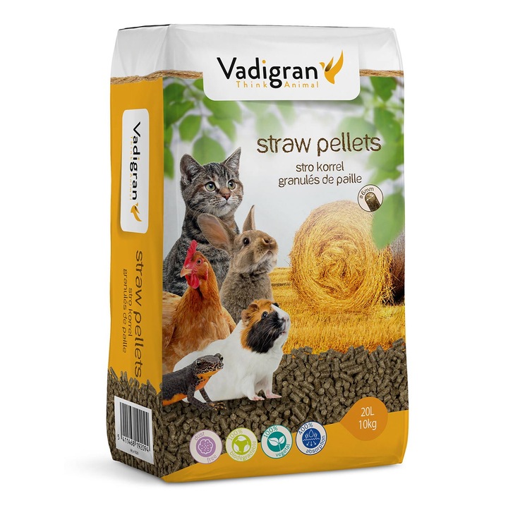 Asternut ecologic din peleti de paie, rozatoare si alte animale, 6 mm, Vadigran, 20 L / 10 Kg