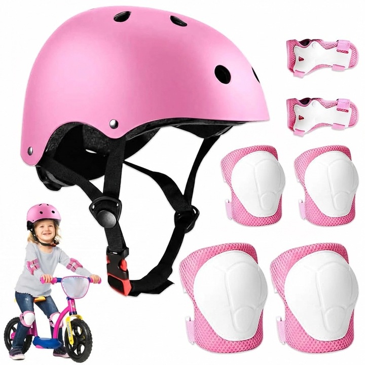 Set protecție copii 7 în 1, XPQKDC, cască, genunchiere, cotiere, aparatori încheieturi, roz, S