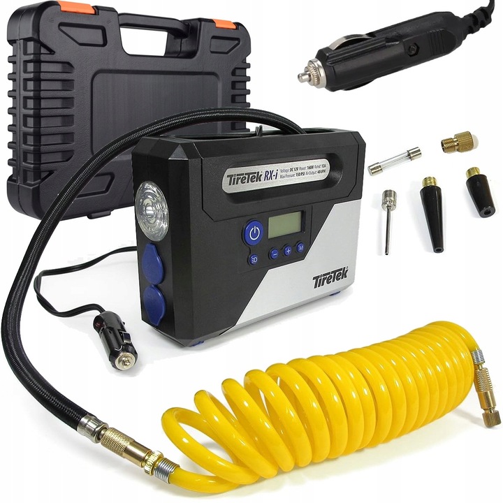 Compresor auto portabil TireTek, 12V, 100 PSI, 30LPM, set cu adaptoare, dimensiuni 32x22.5x11.5cm